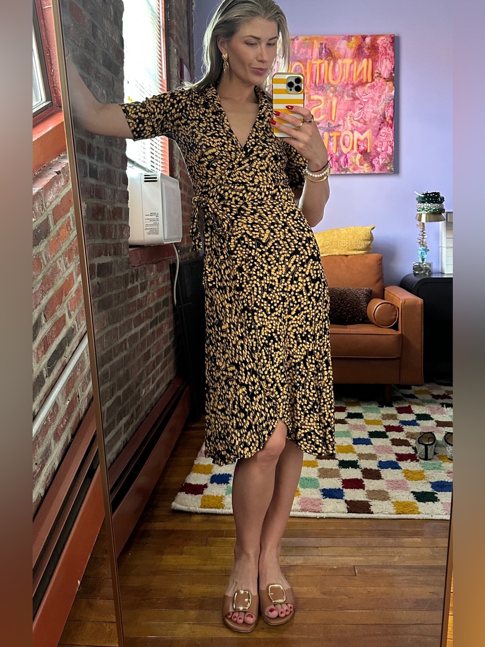 Ganni Black Wrap Dress with Gold Dot Print